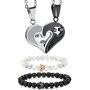 LOLIAS 4Pcs Couple Necklace Bracelets Matching Set for Women Men Love Heart Pendant Necklace Bead His & Hers Bracelets Couple Valentine Gifts Jewelry Set