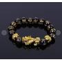 4 Pieces Feng Shui Golden Pi Xiu Bead Chinese Bracelet Hand Carved Black Obsidian Amulet Bead Mantra Stone Adjustable Elastic Bangle for Mens Women Attracting Wealth Good Luck Jewelry