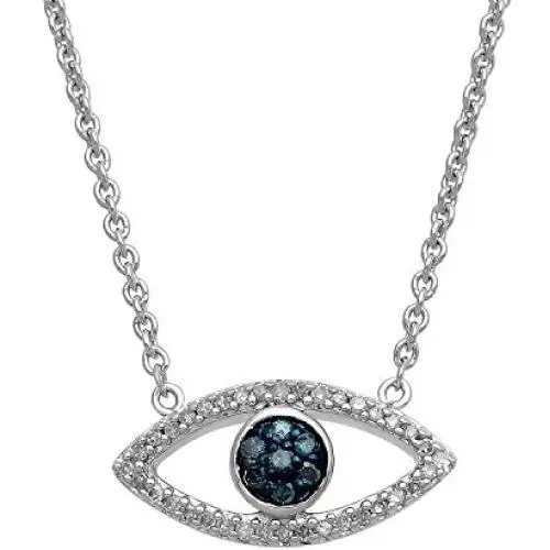 Jewelili Sterling Silver 1/10 Cttw Treated Blue and Natural White Round Diamond Evil Eye Pendant Necklace,17 Cable Chain