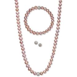 Regalia by Ulti Ramos 17 Inch Cultured Freshwater Pearl (7mm) & Crystal Sterling Silver .925 Jewelry Set (Pink)