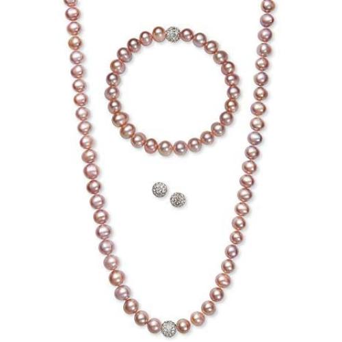 Regalia by Ulti Ramos 17 Inch Cultured Freshwater Pearl (7mm) & Crystal Sterling Silver .925 Jewelry Set (Pink)