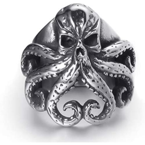 Elfasio Stainless Steel Octopus Ring for Men Tentacles Retro Gothic Punk Style Jewelry Silver Black Vintage Rings,Size 8-13