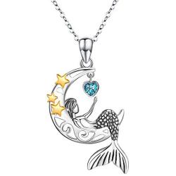 Mermaid Necklaces for Women 925 Sterling Silver Sea Mermaid Crescent Moon Star Necklace for Women ,Bule Cubic Zircon little Mermaid Jewelry for Teen Women Birthday Gift