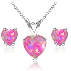 GemStar USA Sterling Silver Synthetic Opal Heart Solitaire Necklace and Stud Earrings Set for Girls Teens