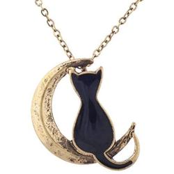 Lux Accessories Burnished Gold Tone Black Cat Crescent Moon Pendant Necklace