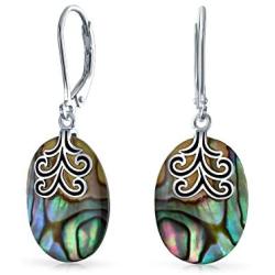 Oval Rainbow Abalone Shell Filigree Swirl Leverback Dangle Earrings For Women 925 Sterling Silver