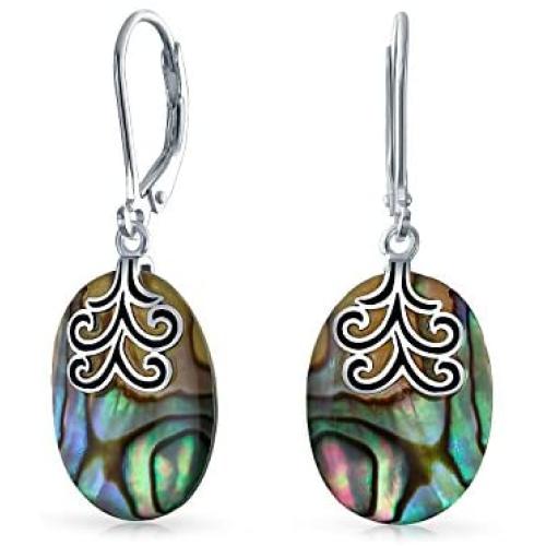 Oval Rainbow Abalone Shell Filigree Swirl Leverback Dangle Earrings For Women 925 Sterling Silver