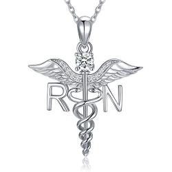 WINNICACA Sterling Silver Caduceus Angel Wings Nurse Necklace Stethoscope Necklaces for Graduation Birthday Nurses Day Gift for Her,18+2 Inch Rolo Chain