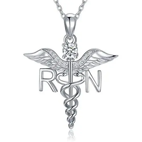 WINNICACA Sterling Silver Caduceus Angel Wings Nurse Necklace Stethoscope Necklaces for Graduation Birthday Nurses Day Gift for Her,18+2 Inch Rolo Chain