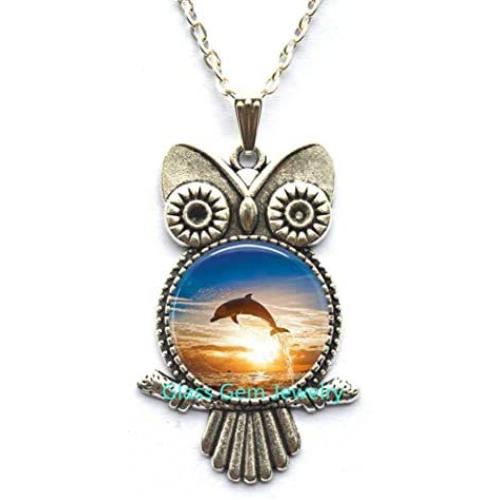 Dolphin Jewelry,Dolphin Photo Owl Pendant Choker Owl Necklace Men Women,Ocean Jewelry,Fish Jewelry,Q0275