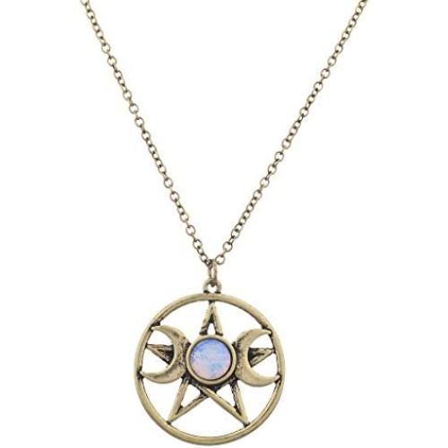 Lux Accessories Double Crescent Moon Pentagram Blue Opal Necklace