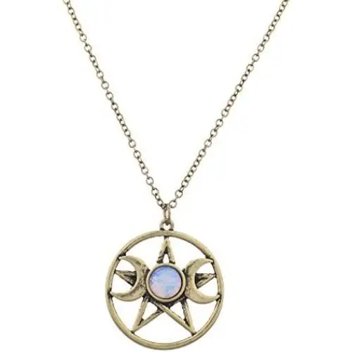 Lux Accessories Double Crescent Moon Pentagram Blue Opal Necklace Lux Accessories Double Crescent Moon Pentagram Blue Opal Necklace