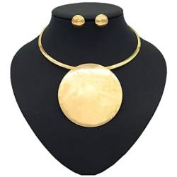 Fstrend Statement Choker Earrings Set Gold Plated Bride Necklace Round Pendant Nigerian Costume Party Jewelry Accessories for Women and Girls