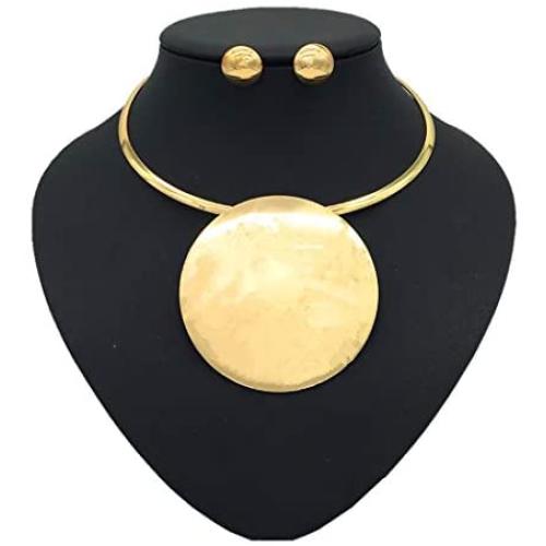 Fstrend Statement Choker Earrings Set Gold Plated Bride Necklace Round Pendant Nigerian Costume Party Jewelry Accessories for Women and Girls