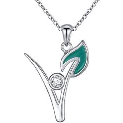 Ladytree S925 Sterling Silver Vegan Necklace Cubic Zirconia Green Symbol Necklace for Vegetarian Women,18 inches