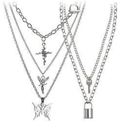 BVROSKI Lock Key Pendants Chains Necklace Set for Eboy Egirl Men Male Emo Goth Women Teen Girls Boys, Stainless Steel Jewelry Pack for Pants Punk Play
