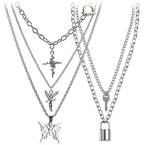 BVROSKI Lock Key Pendants Chains Necklace Set for Eboy Egirl Men Male Emo Goth Women Teen Girls Boys, Stainless Steel Jewelry Pack for Pants Punk Play