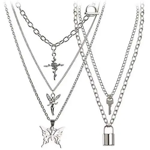 BVROSKI Lock Key Pendants Chains Necklace Set for Eboy Egirl Men Male Emo Goth Women Teen Girls Boys, Stainless Steel Jewelry Pack for Pants Punk Play