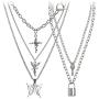 BVROSKI Lock Key Pendants Chains Necklace Set for Eboy Egirl Men Male Emo Goth Women Teen Girls Boys, Stainless Steel Jewelry Pack for Pants Punk Play