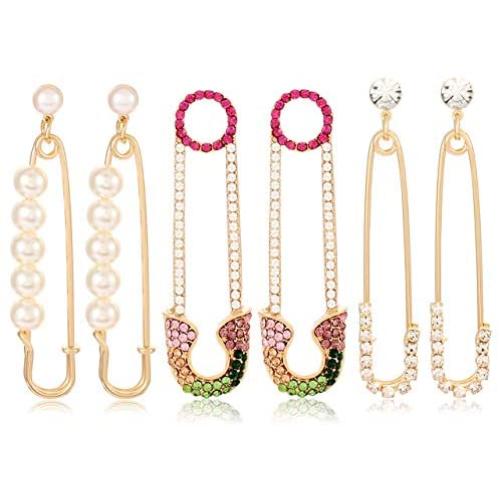 Paperclip Drop Earrings Colorful Rhinestone Pearl Safety Pin Dangle Earrings Elegant Gold Tone Statement Stud Earrings For Women Girls