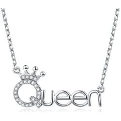Flyow 925 Sterling Silver White Cz Crown Princess/Queen Pendant Word Charm Necklace for Girlfriend Wife Daughter Granddaughter, 18 Inch + 2 Inch
