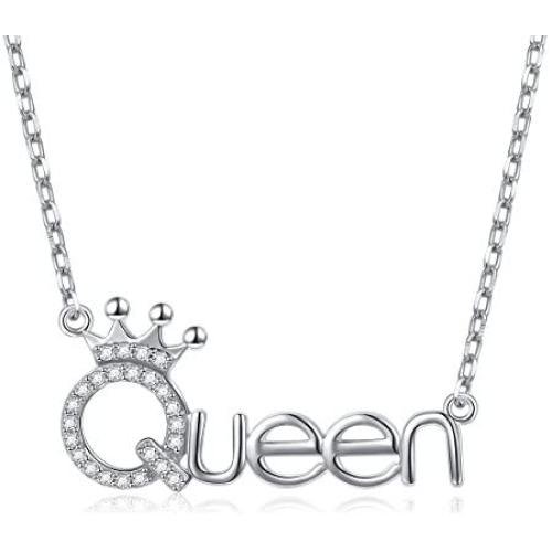 Flyow 925 Sterling Silver White Cz Crown Princess/Queen Pendant Word Charm Necklace for Girlfriend Wife Daughter Granddaughter, 18 Inch + 2 Inch