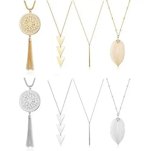 FUNRUN JEWELRY 8PCS Long Pendant Necklace Bar Circle Arrow Leaf Tassel Y Necklace Set for Women FUNRUN JEWELRY 8PCS Long Pendant Necklace Bar Circle Arrow Leaf Tassel Y Necklace Set for Women