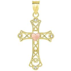 14k Yellow Gold and Rose Gold Open Love Knot Heart Cross Pendant