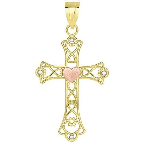 14k Yellow Gold and Rose Gold Open Love Knot Heart Cross Pendant