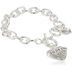 GUESS Womens Pave Heart with Logo Banner Charm Toggle Bracelet
