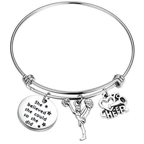 FUSTMW Cheer Charm Bracelet Cheerleading Gifts Believe in Yourself and You Will Be Unstoppable Bangle Bracelet Cheer Jewelry for Cheerleaders Cheer Coaches or Team