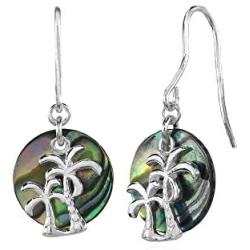 Sterling Silver Abalone or Simulated Turquoise Round Polished Palm Trees Dangle Earrings