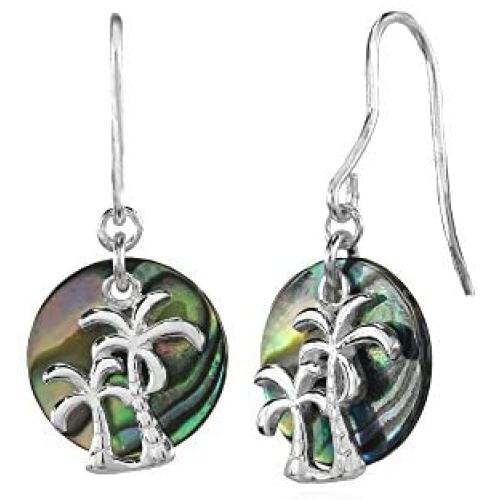 Sterling Silver Abalone or Simulated Turquoise Round Polished Palm Trees Dangle Earrings