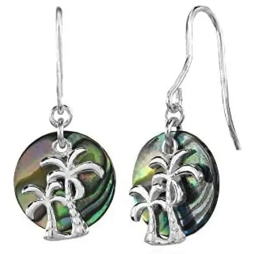 Sterling Silver Abalone or Simulated Turquoise Round Polished Palm Trees Dangle Earrings Sterling Silver Abalone or Simulated Turquoise Round Polished Palm Trees Dangle Earrings
