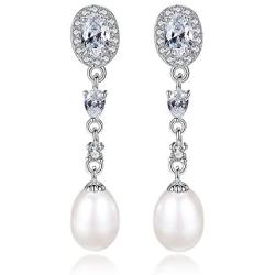 KEETEEN Sterling Silver Pearl Earrings 8mm Dangle Teardrop Earrings Bridal Betrothal Jewels