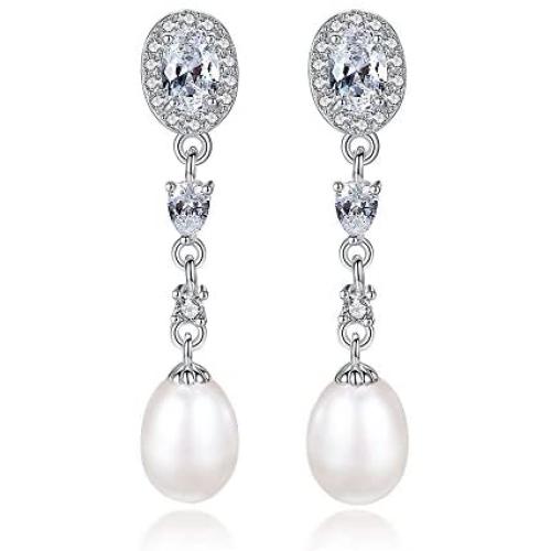 KEETEEN Sterling Silver Pearl Earrings 8mm Dangle Teardrop Earrings Bridal Betrothal Jewels