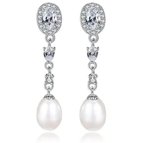 KEETEEN Sterling Silver Pearl Earrings 8mm Dangle Teardrop Earrings Bridal Betrothal Jewels KEETEEN Sterling Silver Pearl Earrings 8mm Dangle Teardrop Earrings Bridal Betrothal Jewels