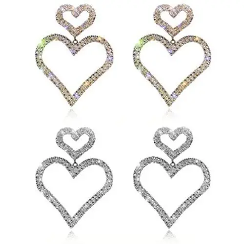 Fashion Shine Full Rhinestone Long Heart Drop Earrings for Women Luxury Pendientes Jewelry Gifts Fashion Tassel earring 2 pcs