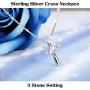 FUNRUN JEWELRY 925 Sterling Silver Cross Pendant Necklace for Women 3-Stone Cubic Zirconia Pendant with 1MM Box Chain, 17.7