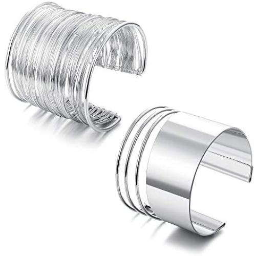 Besteel 2 Pcs Cuff Bangle Bracelet Set for Women Open Wide Wire Bracelets Adjustable Gold Sliver-Tone Plated