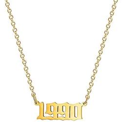 EXGOX Birth Year Necklace,1990-2010 Stainless Steel Silver/Gold Plated Pendant Old English Year Necklace Personalized Birthday Gift for Women and Girl