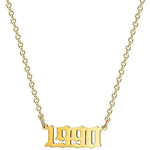 EXGOX Birth Year Necklace,1990-2010 Stainless Steel Silver/Gold Plated Pendant Old English Year Necklace Personalized Birthday Gift for Women and Girl