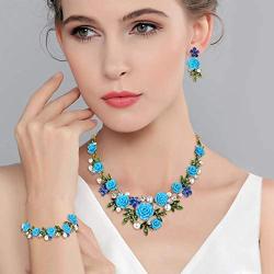 EVER FAITH Crystal Simulated Pearl Rose Flower Leaf Necklace Earrings Bracelet Set Gold-Tone