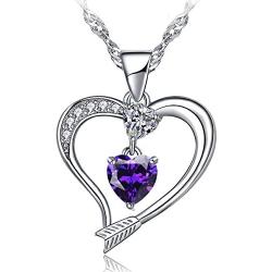 Emma Manor EM Love Heart Birthstone Necklace for Women 14k White Gold Plated Heart Shape 5A Cubic Zirconia Forever Love Arrow Pendant Necklace