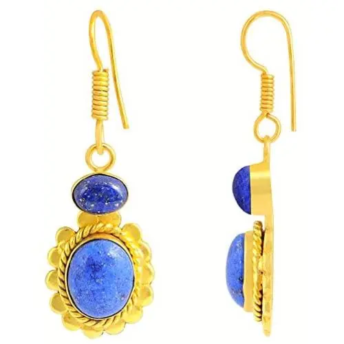 Yellow Gold Overlay Solid Brass Dangle Earrings For Women Hypoallergenic 10.60 Ct Royal Blue Lapis Lazuli Flower Hanging Earring September Birthstone Valentines Birthday Gift For Her By Orchid Jewelry