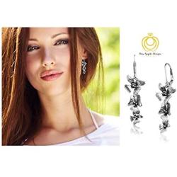 Big Apple Hoops - Mothers Day Jewelry Orchid Flowers Dangle Earrings Made from Real Solid 925 Sterling Silver Oxidized Finish