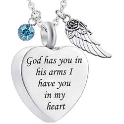 God has You in his arms with Angel Wing Charm Cremation Ashes Jewelry Keepsake Memorial Urn Necklace with Birthstone Crystal