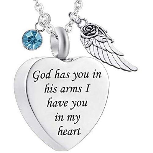 God has You in his arms with Angel Wing Charm Cremation Ashes Jewelry Keepsake Memorial Urn Necklace with Birthstone Crystal