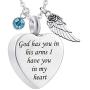 God has You in his arms with Angel Wing Charm Cremation Ashes Jewelry Keepsake Memorial Urn Necklace with Birthstone Crystal