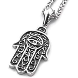 Warvik Hamsa Hand Evil Eye Jewish Necklace Pendant, Stainless Steel Jewelry Gold/Silver Color Mens Womens Wheat Chain 20/28inch